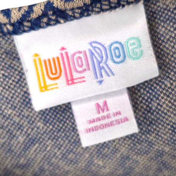 LuLaRoe Irma Tunic Med Blue Beige Jacquard Geometric Patchwork High Low Top - Picture 3 of 8